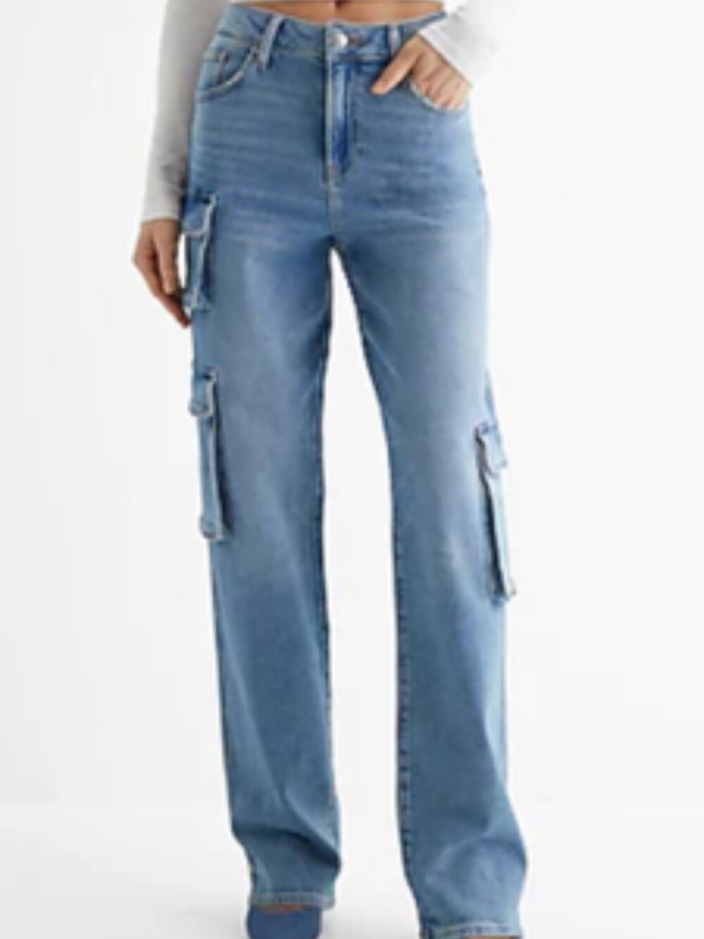Express Mid Wash Relaxed Straight High Rise Cargo Stretch Jean